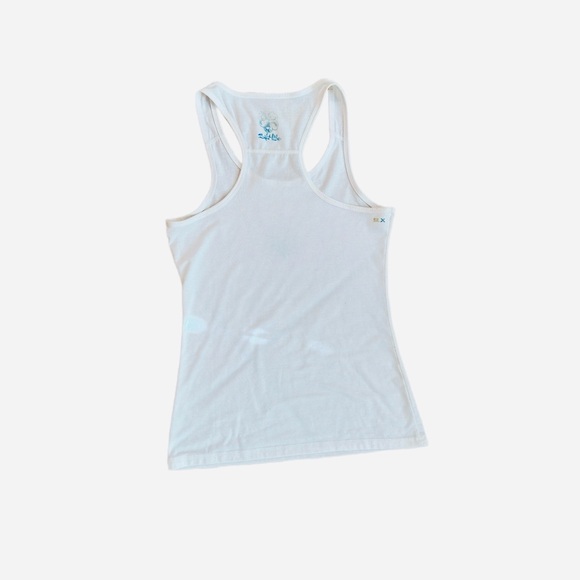#91 SALT LIFE ~ Women’s White Tank Top with Signature Blue Sun Graphic Design - Picture 6 of 10